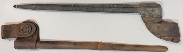 2 BAYONET SCABBARDS: 1-Circa 1862 bayonet scabbard for model 1855-1870 bayonet, probably Civil War, metal tip, leather strap near top, 2-Circa 1875 bayonet scabbard, model 1873, bent in middle, leather holder for attachme