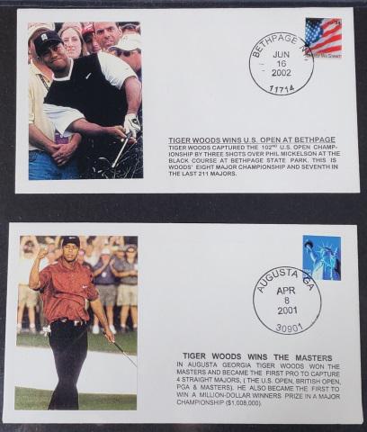 2 RARE TIGER WOODS FIRST DAY COVERS: 2 rare Tiger Woods first day covers, 2001 Masters, Augusta Ga. and 2002 US Open, Bethpage, NY.