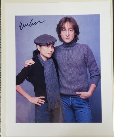 YOKO ONO AUTOGRAPHED PHOTO: Yoko Ono autographed 8 x 10 color photo, signed with black sharpie, photo of Yoko and John Lennon, COA from Autograph, Collectibles, Etc. Inc.