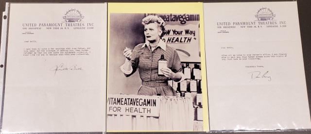 LUCILLE BALL & DESI ARNAZ SIGNED LETTERS: Lucille Ball & Desi Arnaz autographed typed letters, signed with pen on United Paramount Theatres, Inc. letterhead, along with a black & white photo of Lucy, COA from Autograph, Collectibles, Etc. Inc