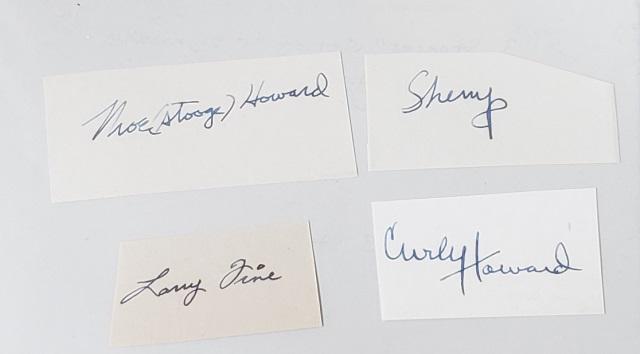 STOOGES AUTOGRAPHS: 4 autographs of the 3 Stooges, including Moe (Stooge) Howard, Shemp, Curly Howard and Larry Fine, signed with blue pen on paper, COA from Autograph, Collectibles, Etc. Inc.