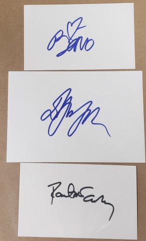 3 MUSIC LEGEND AUTOGRAPHS: 3 Music legend autographs, including Paul McCartney, signed in black, Bono, signed in blue, on 3 x 5 index cards and Elton John, signed in blue on 4 x 6 index card, COA from Steve Fine, Sports and Cel