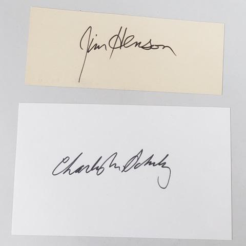 SCHULZ & HENSON AUTOGRAPHS: Charles Schulz, signed in black on 3 x 5 index card and Jim Henson, signed in black on paper, COA from Autograph, Collectibles, Etc. Inc.