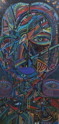 SHIRLEY HUDSON ORIGINAL PAINTING: Colorful abstract figure, unframed acrylic on board, signed twice, once lower left and once lower right, dated "98", approximate size 48" x 24".