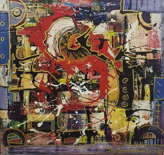 SHIRLEY HUDSON ORIGINAL PAINTING: Abstract, unframed acrylic on canvas, signed lower right, dated 2012, approximate size 23" x 24".
