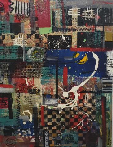 SHIRLEY HUDSON ORIGINAL PAINTING: "Checkerboard Kiss", unframed acrylic on canvas, signed lower right, dated 2013, also titled, signed and dated 2014 on back, approximate size 24" x 18".