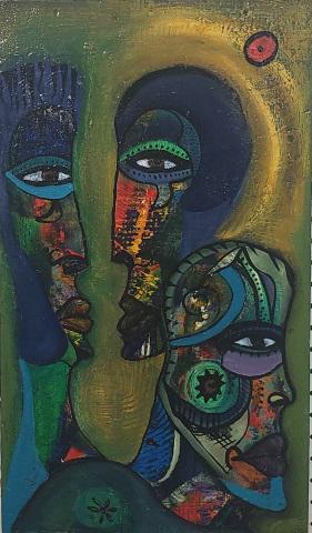 SHIRLEY HUDSON ORIGINAL PAINTING: Three figures, unframed acrylic on board with wood backing, unsigned, approximate size 23 5/8" x 13 11/16".