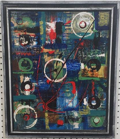 SHIRLEY HUDSON ORIGINAL PAINTING: Untitled abstract with circles, framed acrylic on canvas, signed lower right, approximate canvas 20" x 16", frame 22 3/4" x 18 3/4".