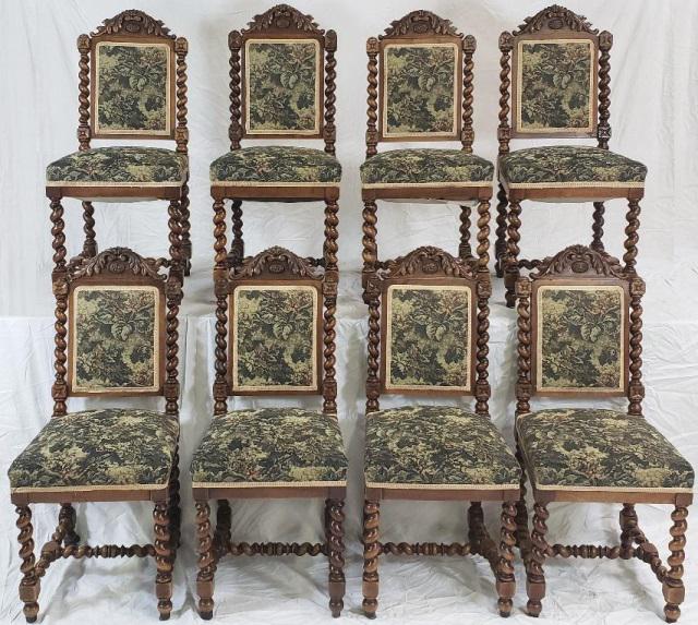 SET OF 8 HEAVILY CARVED SIDE CHAIRS: Set of 8 heavily carved dining side chairs, having spiral turned supports, with acanthus leaf decoration, each chair has the initials RB on crest, approximate height of chairs range from 37 3/4" to 38