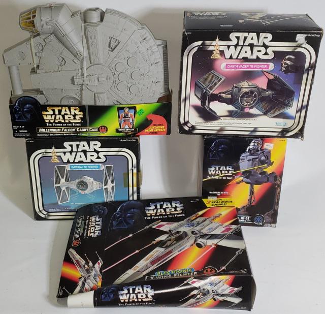 5 STARS WARS TOYS: Star Wars- "Darth Vader Tie fighter", "Imperial Tie Fighter", "Imperial AT-ST", "Millennium Falcon" carry case and "X-Wing Fighter", with original boxes.