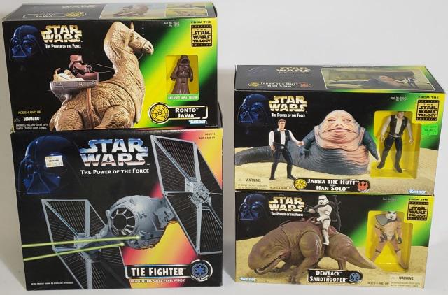 4 STAR WARS TOYS: Star Wars- "Tie Fighter", "Ronto and Jawa", "Dewback and sandtrooper" and "Jabba the Hutt and Han Solo", with original boxes.
