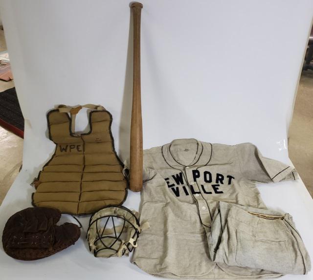 GROUP OF BASEBALL ITEMS: Including uniform, catchers mitt, mask, chest protector and bat.