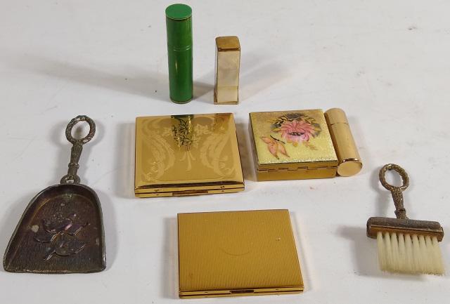 GROUP: 3 make-up compacts, 2 Elgin, nail kit, lipstick holder, brush, and dustpan.