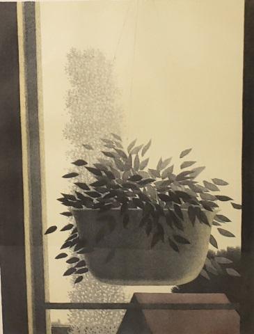 ROBERT KIPNISS: "Window with suspended plant", framed lithograph, signed lower right and numbered 147/150, has Merrill Chase paperwork on back, approximate sight 21" x 15 5/8", frame 29" x 23 1/4".
