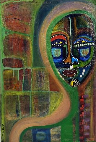 SHIRLEY HUDSON ORIGINAL PAINTING: Figure with yellow eyes, unframed oil on panel, signed & dated lower left, approximate size 24" x 16".