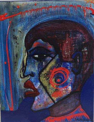 SHIRLEY HUDSON ORIGINAL PAINTING: Profile of figure, unframed oil on canvas, signed lower right, approximate size 17 7/8" x 13 7/8".