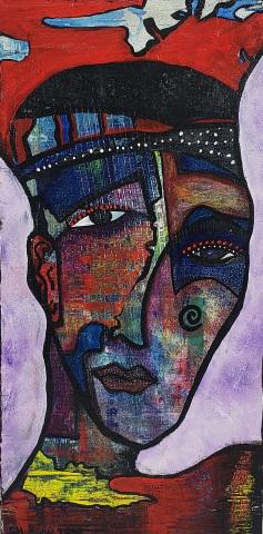 SHIRLEY HUDSON ORIGINAL PAINTING: Figure with hat, unframed oil on board, signed lower left, approximate size 23 7/8" x 11 7/8".