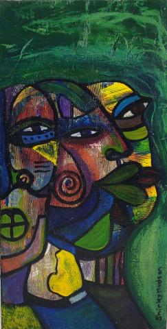 SHIRLEY HUDSON ORIGINAL PAINTING: 3 figures, unframed oil on board, signed lower right, approximate size 18 1/8" x 9 1/8".