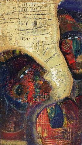 SHIRLEY HUDSON ORIGINAL PAINTING: 2 figures, framed oil on board, signed lower left, approximate size 23 1/2" x 13 5/8".