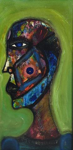 SHIRLEY HUDSON ORIGINAL PAINTING: Profile of man with blue eye, framed oil on canvas, signed lower left, approximate canvas size 24" x 12", frame 25 1/8" x 13 1/8".