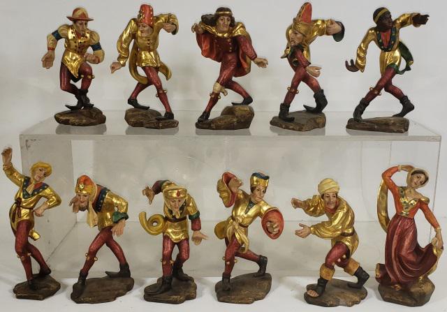 11 POLYCHROMED WOOD FIGURES: Traditional European dancers, by Erich Hoffman of Bad Tolz, few have labels attached to bottom, approximate height 7 3/4".