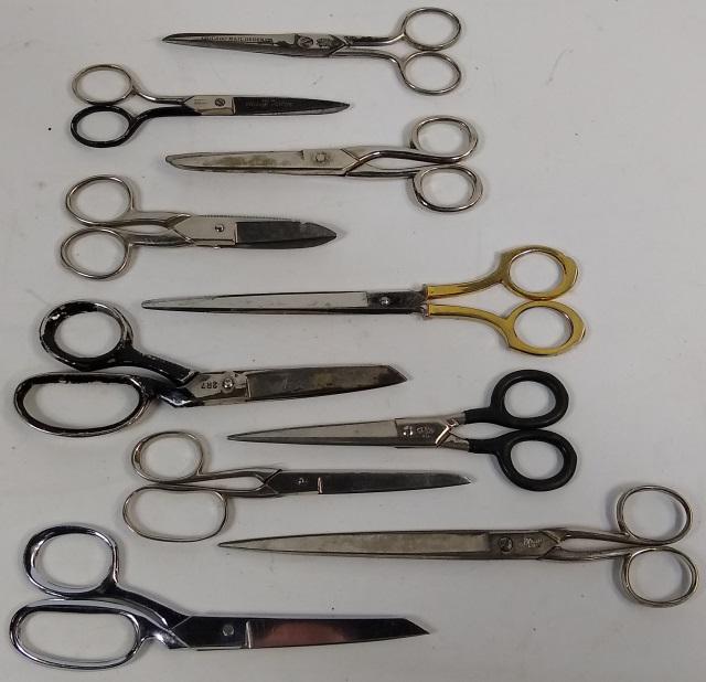 10 PAIR OF VINTAGE SCISSORS: 2 desk/letter scissors, Wiss seamstress, and more.