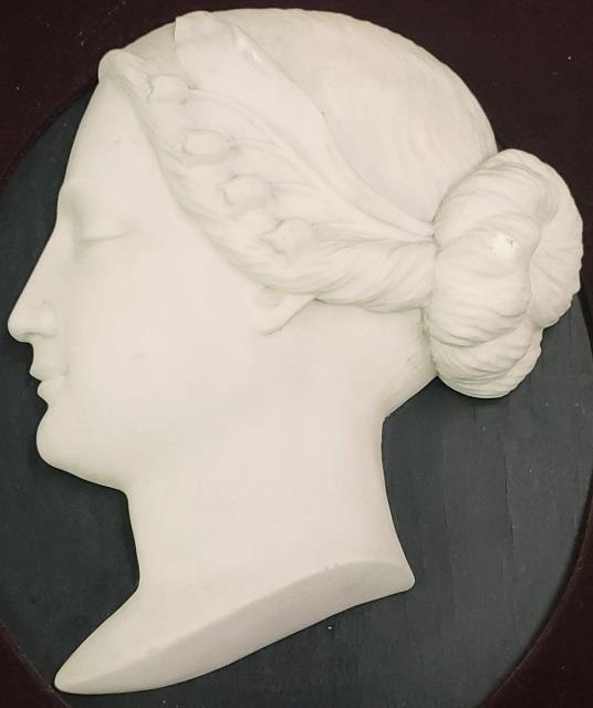 FRAMED MARBLE SCULPTURE: Framed marble sculpture, profile of woman with flowers and leaf in hair, signed on bottom "C. N. Pike, Sc." (Charles Niles Pike, 19th C. American), approximate height 10 1/4", frame 19 7/8" x 15 7/8".