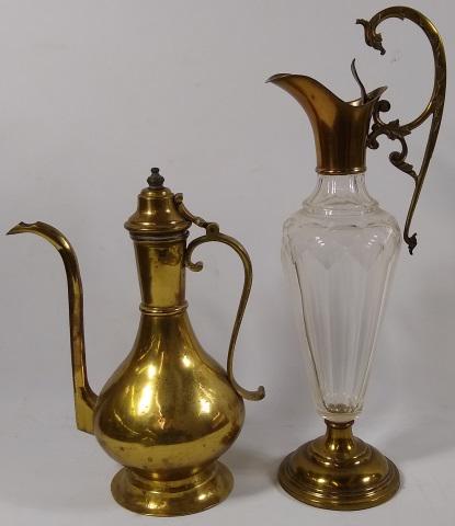 2 PIECES: Persian style brass coffee server and glass and brass ewer.