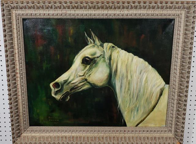 SANDI LOEBER KOALICTA: Sandi Loeber Koalicta, 1965 replica of 19th C. oil depicting horse, possibly after work by James Herring, approximate image size 22" x 28", frame 27" x 32".