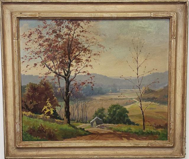 HARRY JOSEPH GARCEAU: Harry Joseph Garceau (1876-1954 American) "Across the Valley", framed oil on masonite panel, signed lower right, titled and signed on back, bears exhibition label from Hoosier Salon, 1942, approximate
