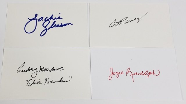 THE HONEYMOONERS CAST AUTOGRAPHS: 4 autographs on index cards, Jackie Gleason, Art Carney, Joyce Randolph and Audrey Meadows, certificate of authenticity Steve Fine Sports and Celebrity Memorabilia.