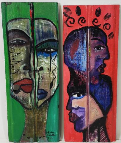 2 SHIRLEY HUDSON PAINTINGS: 2 Shirley Hudson oils on board (tongue and groove boards), red is 18 3/8" x 7", green, signed lower right, is 18 3/4" x 7".