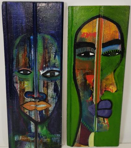 2 SHIRLEY HUDSON PAINTINGS: 2 Shirley Hudson oils on board (tongue and groove boards), green is 18 3/4 " x 7", blue, signed lower right, 19 1/4" x 7".