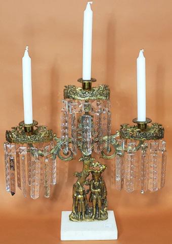 19TH C. 3-ARMED GIRANDOLE: Spirit of 76 center 3-arm girandole, having gold colored metal, depicting young girl standing next to soldier in front of tree, with attached marble base and long decorative clear prisms, approximate 