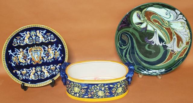 3 PIECES OF PORCELAIN: Charger with floral decoration, marked "Made in Zuid, Holland", approximate diameter 16 1/8", porcelain tray with cherub design, marked "Gien, France", diameter 12 7/8", and 2-handled oval bowl.