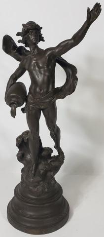 AFTER AUGUSTE MOREAU: Nude male with urn, spelter figure, approximate height 23 1/4",