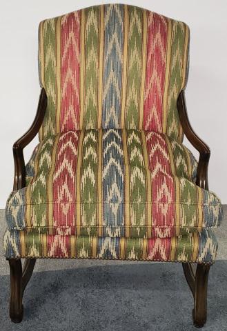 CONTINENTAL STYLE ARMCHAIR: Having flame stitch upholstery, approximate height 37 1/2", width 27", depth 30".