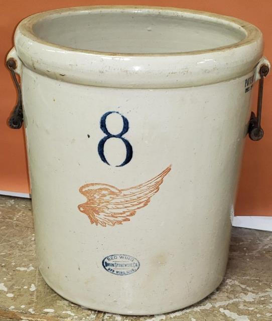 RED WING STONEWARE CROCK: 8 gallon, with 2 handles.
