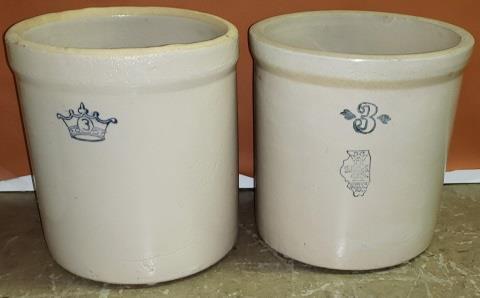 TWO 3 GALLON STONEWARE CROCKS: One Crown and one White Hall.