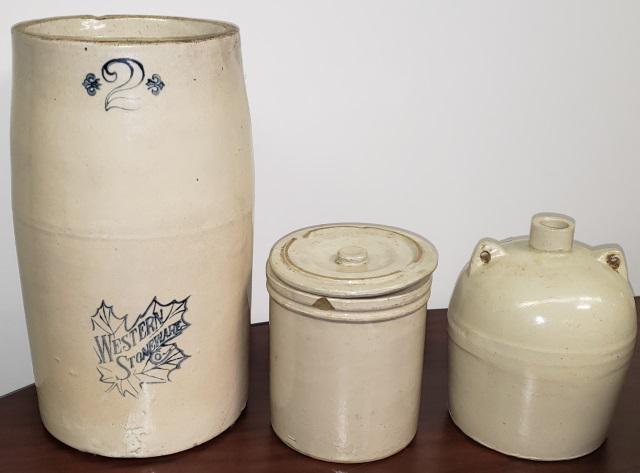 3 PIECES STONEWARE: Jug (missing handle), small crock with lid and Western 2 gallon butter churn, (base only).