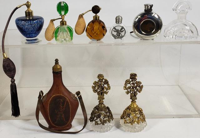 9 PIECES: Perfume bottles, diffusers, and miniature pewter flask with horses.