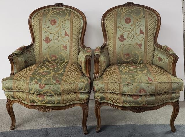 PAIR OF LOUIS XV STYLE ARMCHAIRS: Having silk upholstery, with green ground and floral and lattice design, approximate height 36 1/4".