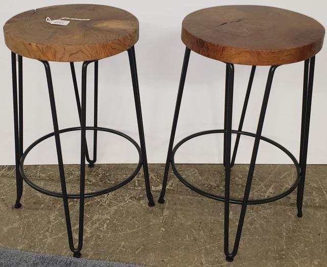 PAIR OF STOOLS: Having metal frame with natural wood circular seat, approximate height 24 1/2".