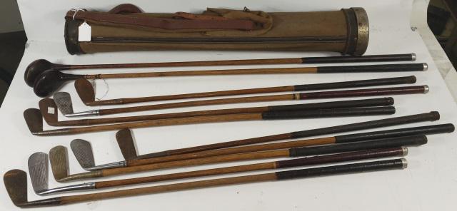 10 VINTAGE WOODEN SHAFT GOLF CLUBS: Irons, putter, woods, together with bag, RH