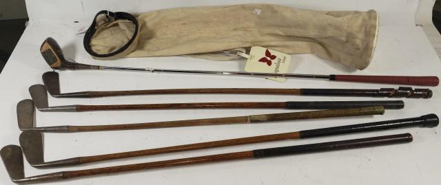 6 VINTAGE GOLF CLUBS: 5 wooden shaft, together with bag, RH