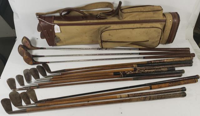 13 VINTAGE GOLF CLUBS: 9 wooden shaft, together with bag, RH