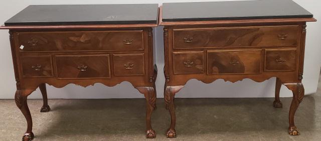 PAIR OF CHIPPENDALE STYLE LOWBOYS: Each fitted with 4 drawers and having slate top, raised on ball and claw feet.
