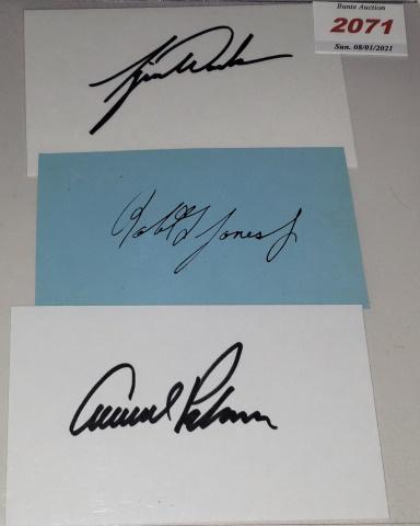 3 GOLF AUTOGRAPH CUTS: Comprising Arnold Palmer, Tiger Woods and Robert Jones Jr., with COA.