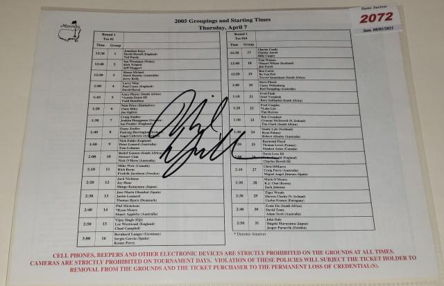 PHIL MICKELSON AUTOGRAPH: 2005 Masters players pairings sheet, with COA.