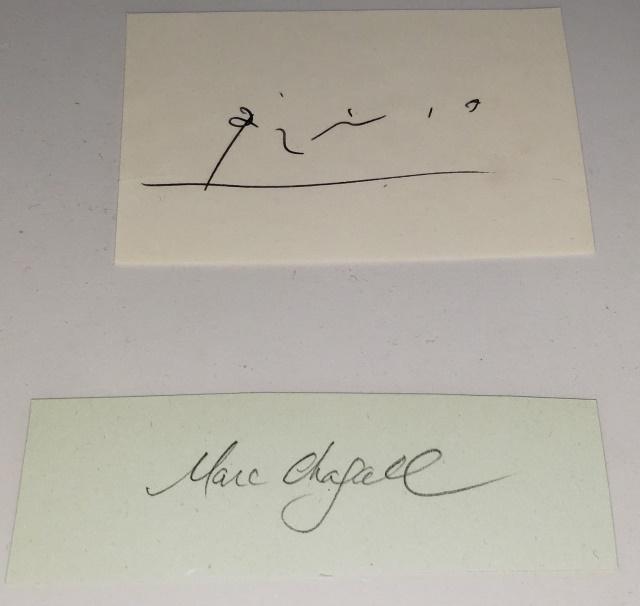 PICASSO & CHAGALL AUTOGRAPHED CUTS: With COA.